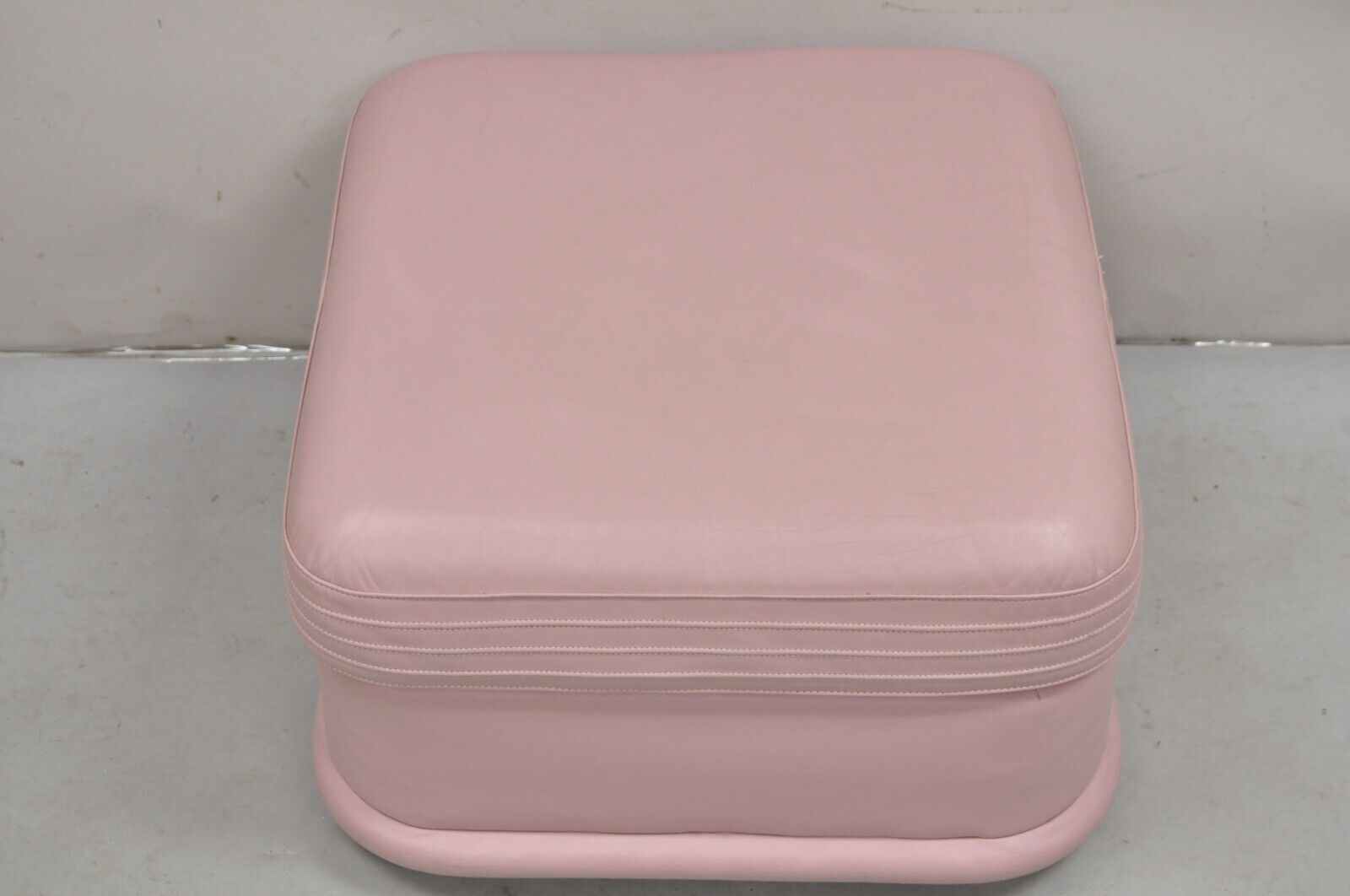 Vintage Post Modern Emerson Leather Bubblegum Pink Stitched Square Ottoman Stool