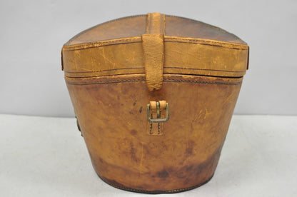 Antique Victorian Brown Leather Travel Case Hat Box w/ Miller of NY Silk Top Hat