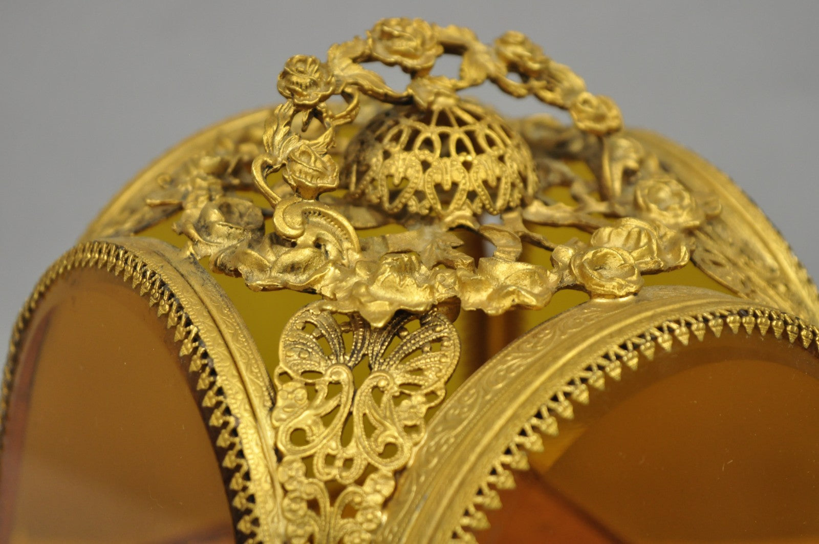 Vintage French Victorian Amber Glass Gold Filigree Vanity Jewelry Box Casket
