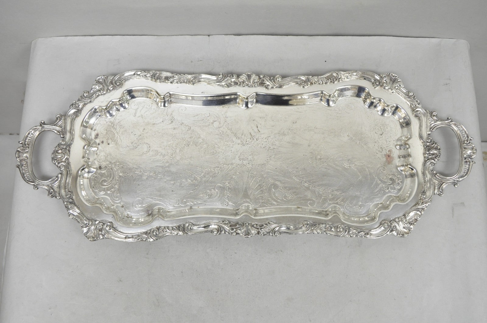 Vintage Sheffield Baroque Silver Plated Long Narrow Serving Platter Bar Tray