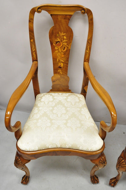 Vintage Queen Anne Style Italian Burl Patchwork Floral Inlay Arm Chairs - a Pair