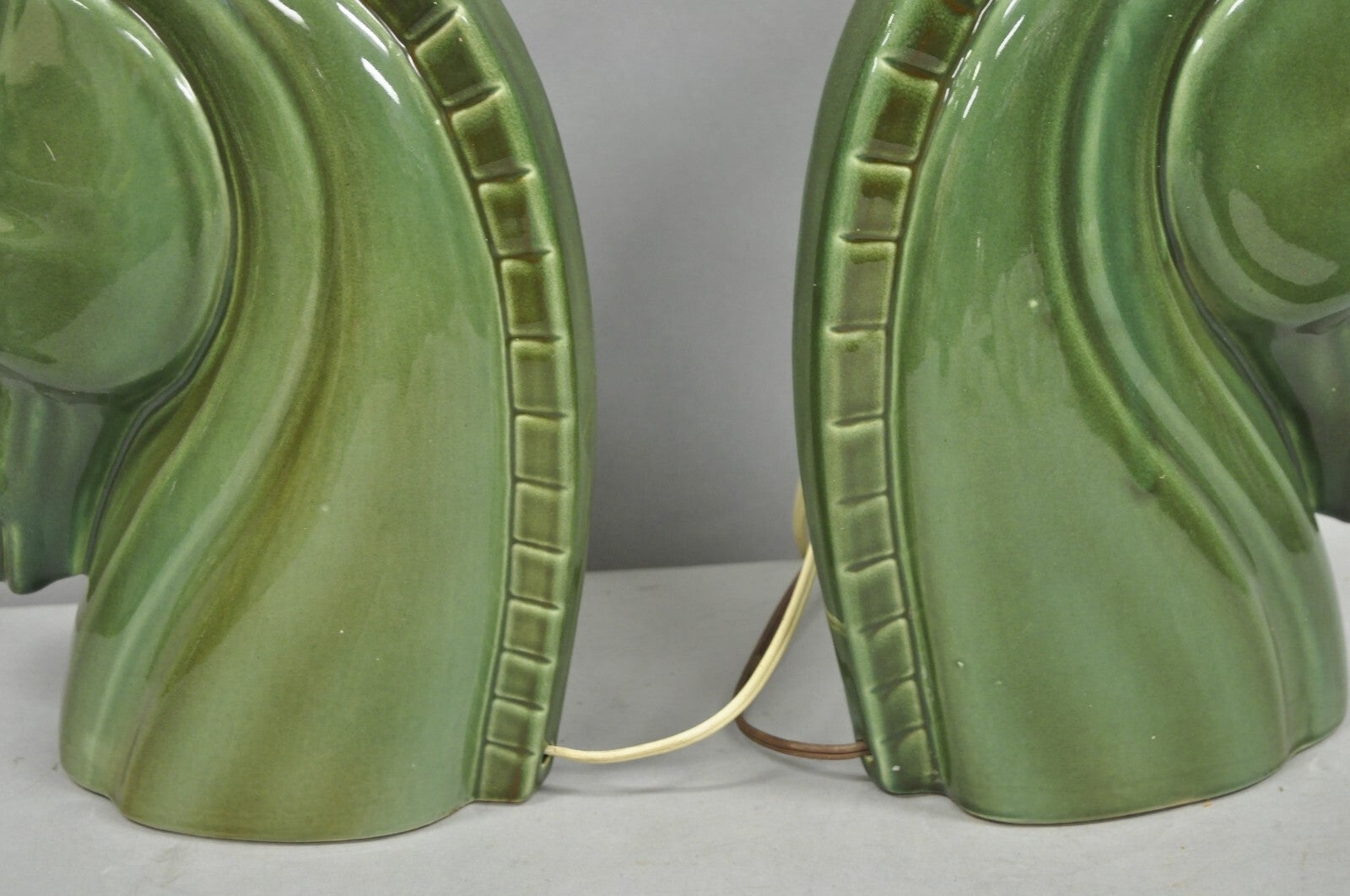 Vintage Mid Century Modern Green Glazed Ceramic Horse Head Table Lamps - a Pair