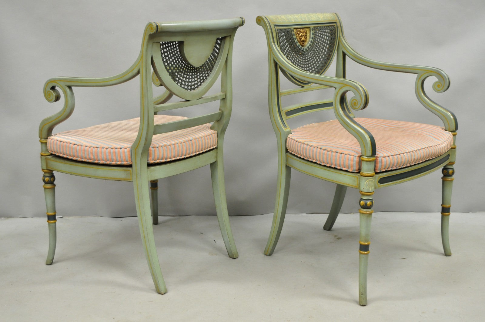 Smith & Watson Regency Adams Style Green Painted Cane Arm Chairs - a Pair