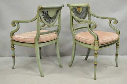Smith & Watson Regency Adams Style Green Painted Cane Arm Chairs - a Pair
