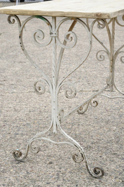 Antique French Art Nouveau Wrought Iron Scroll Wood Top 42" Potting Work Table