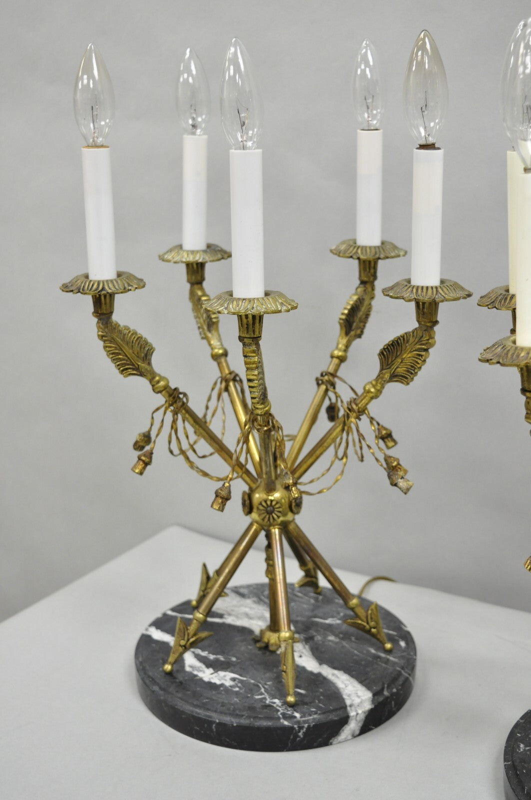 Vintage French Neoclassical Brass "Arrow" Marble Candelabra Table Lamps - a Pair