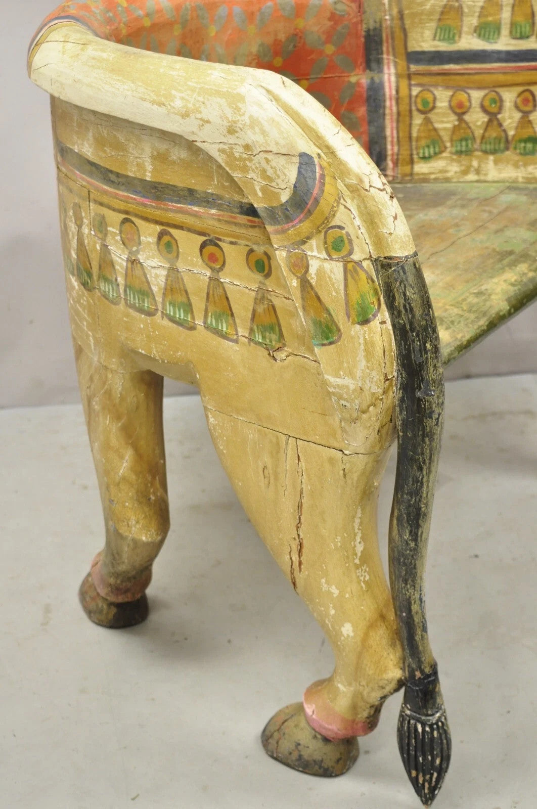 Vintage Figural Primitive Solid Carved Wood Red & Green Horse Bench Seat Chair