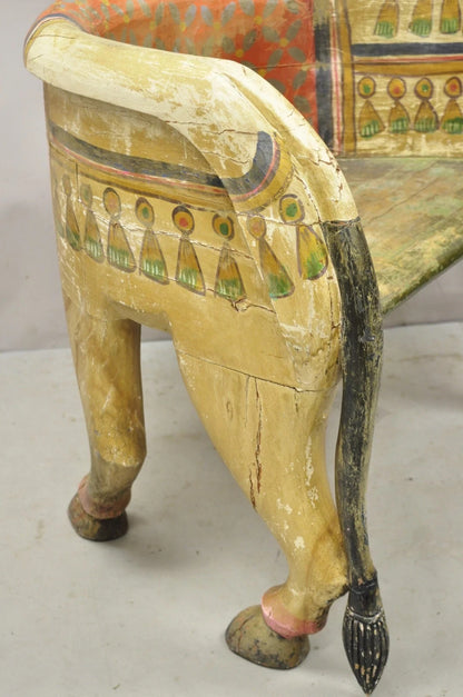 Vintage Figural Primitive Solid Carved Wood Red & Green Horse Bench Seat Chair