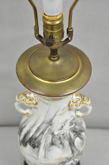 Antique Chinoiserie Chinese Porcelain Hand Painted Vase Table Lamp w/ Foo Dogs