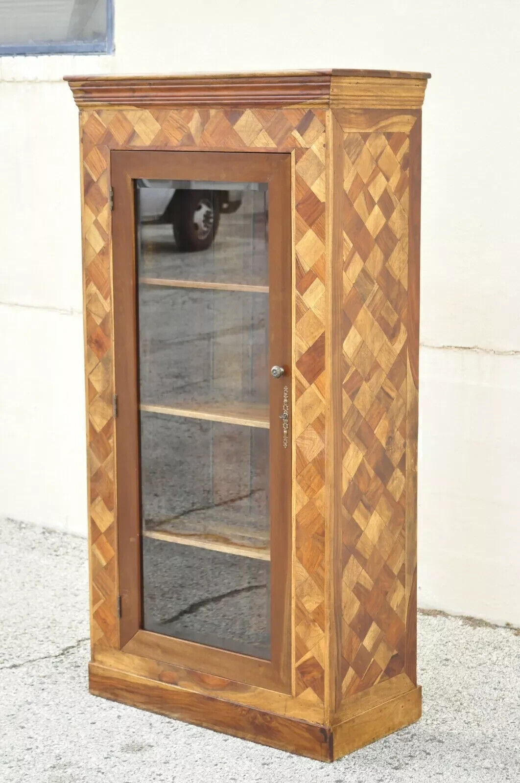Marquetry Geometric Inlay Mixed Wood One Drawer Bookcase Display Cabinet Curio