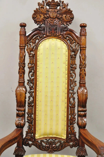 Renaissance Gothic Style Large Figural Lion Carved Wood Paw Feet Throne Chair