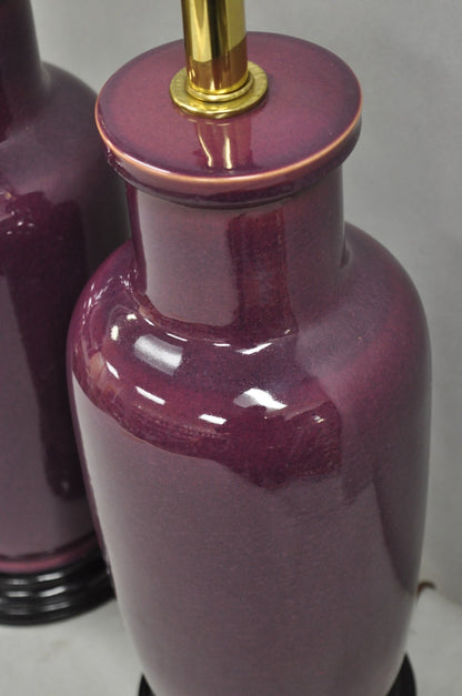 Vintage Chinoiserie Plum Purple Ceramic Porcelain Jardiniere Table Lamps - Pair