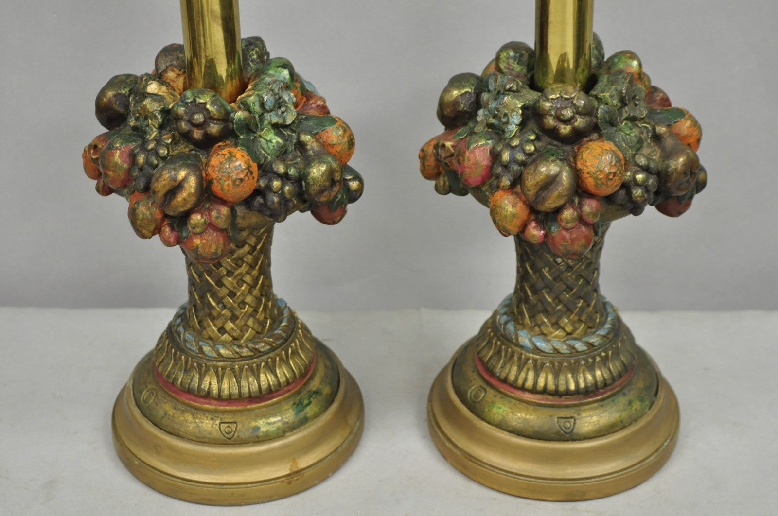 Armor Bronze Co Victorian Flower Fruit Basket Bouquet Small Table Lamps - a Pair
