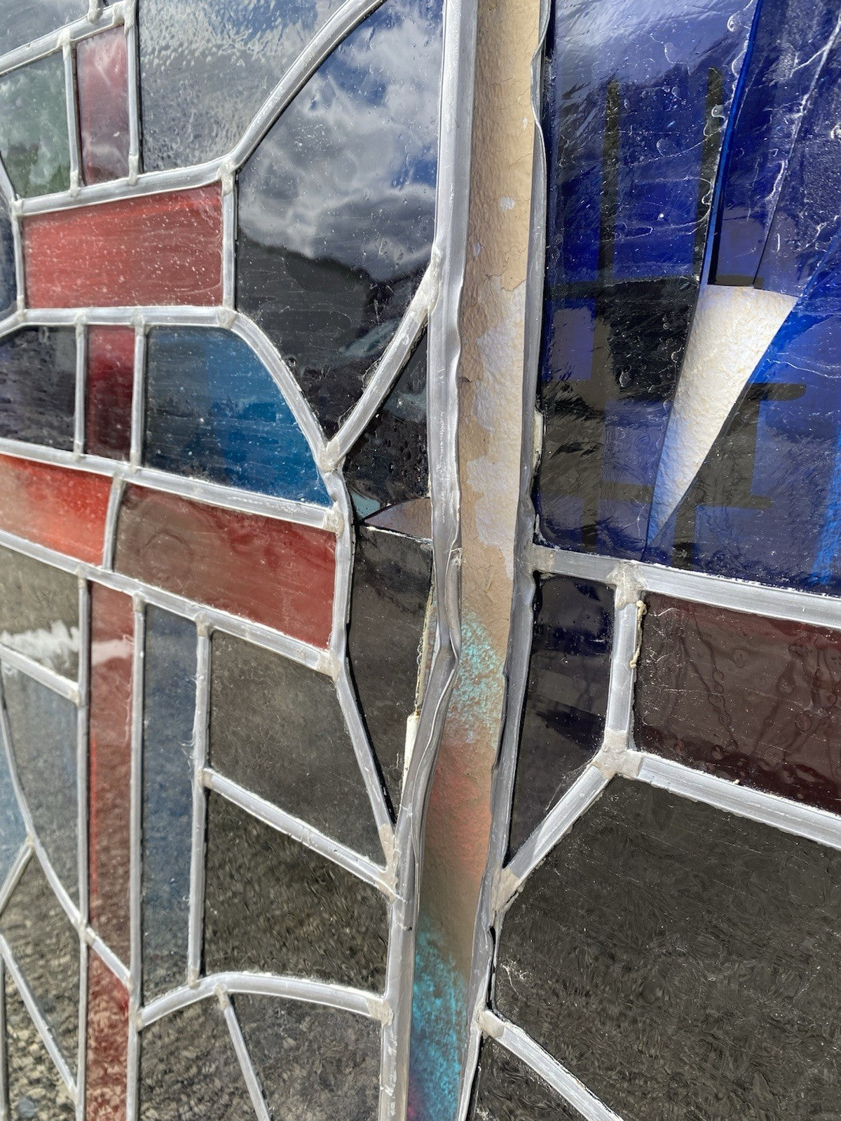 Vintage Art Deco Blue & Red Leaded Stained Glass Arched Window w/ Cross - 5 Pcs