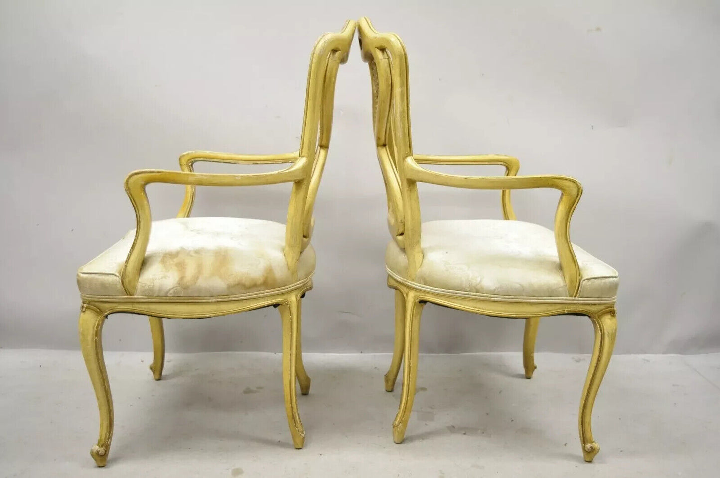 Vintage Italian Provincial French Louis XV Yellow Cane Dining Arm Chairs - Pair