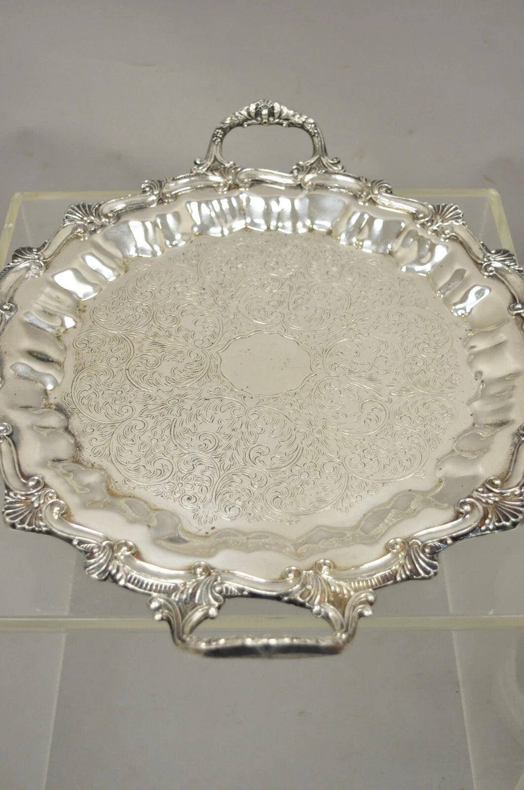 Victorian Ornate Silver Plated Twin Handle Scalloped Bar Serving Platter Tray