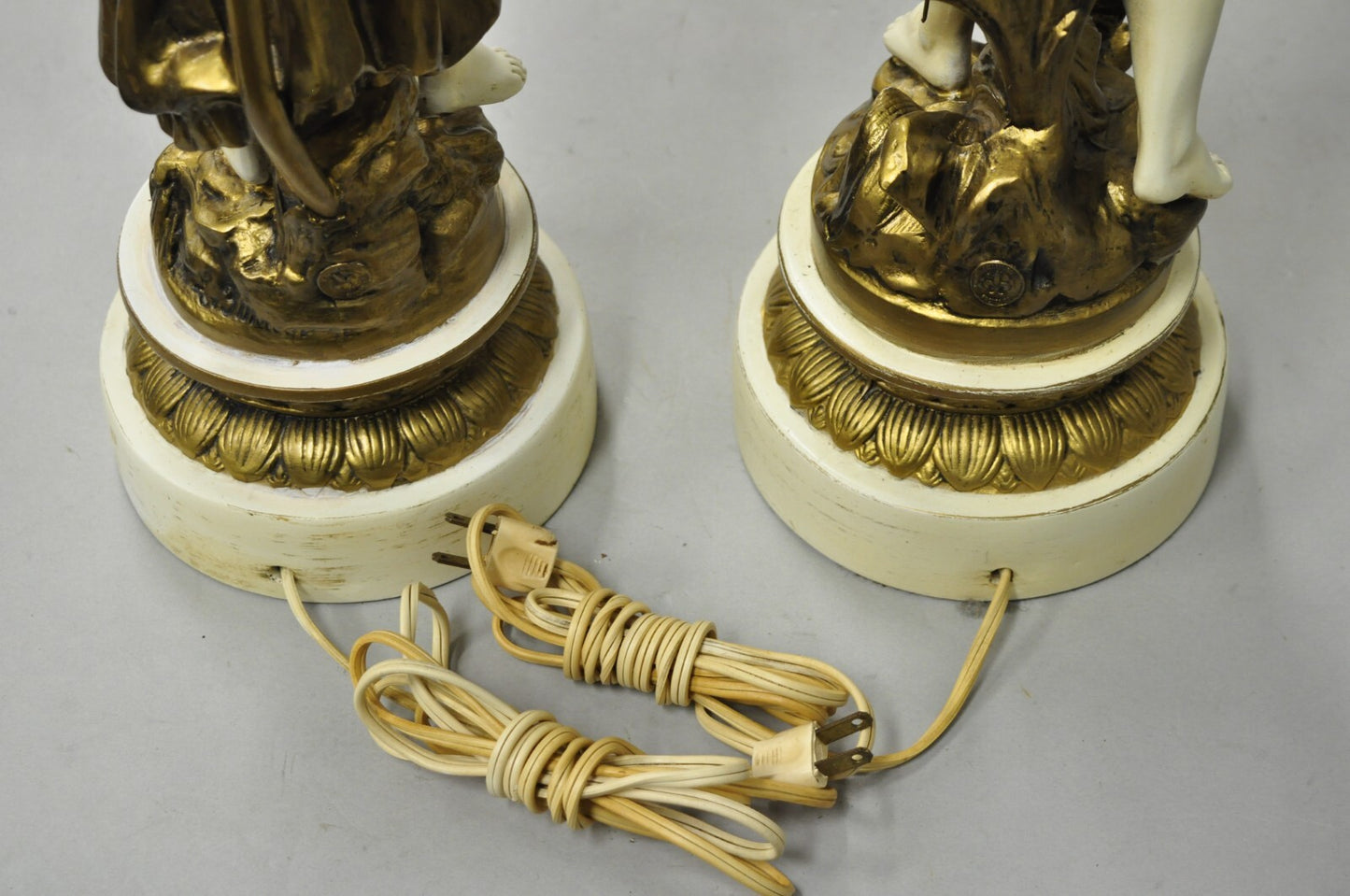Antique French Victorian Moreau Figural Metal Boy and Girl Table Lamps - a Pair