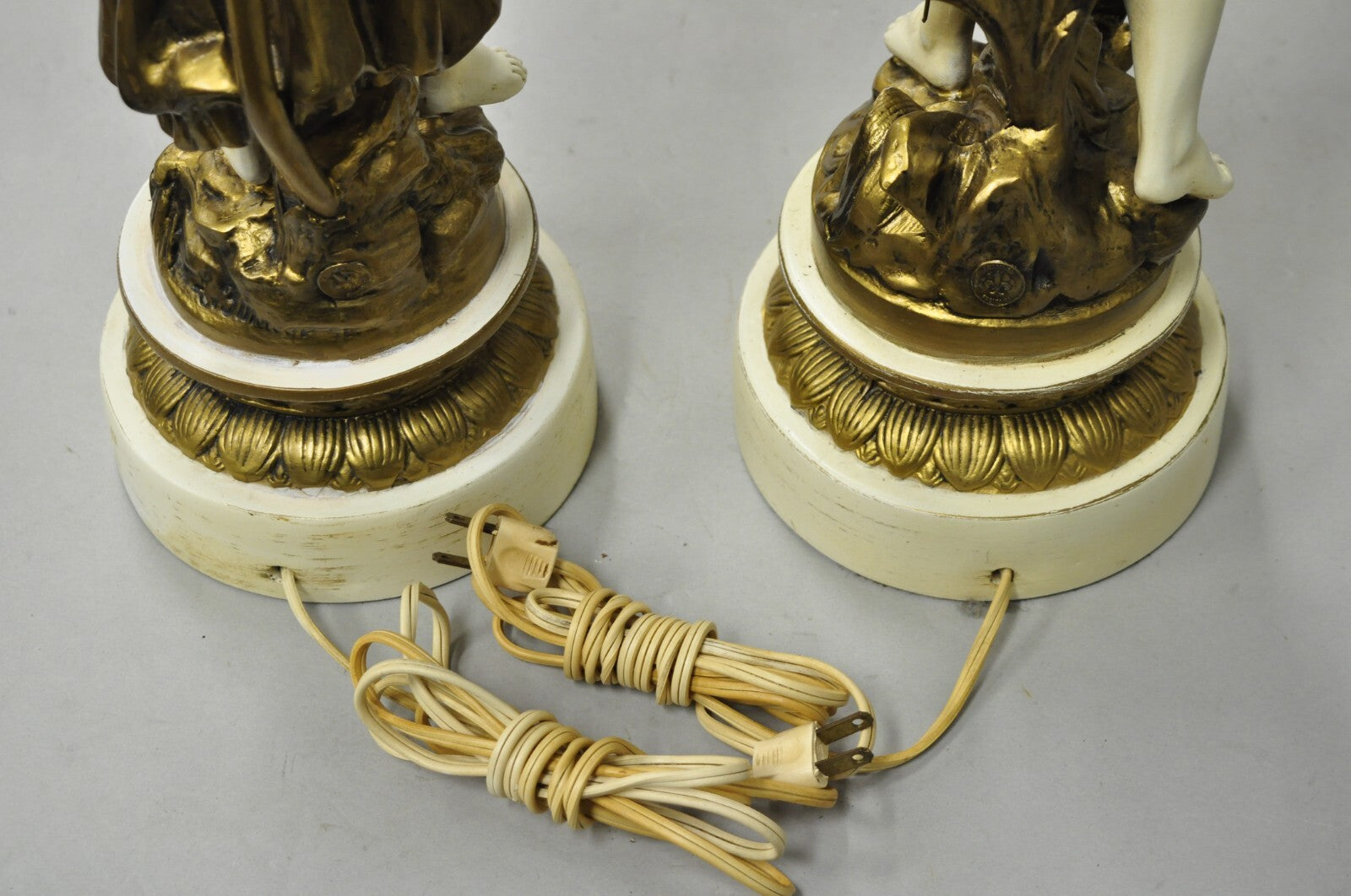 Antique French Victorian Moreau Figural Metal Boy and Girl Table Lamps - a Pair