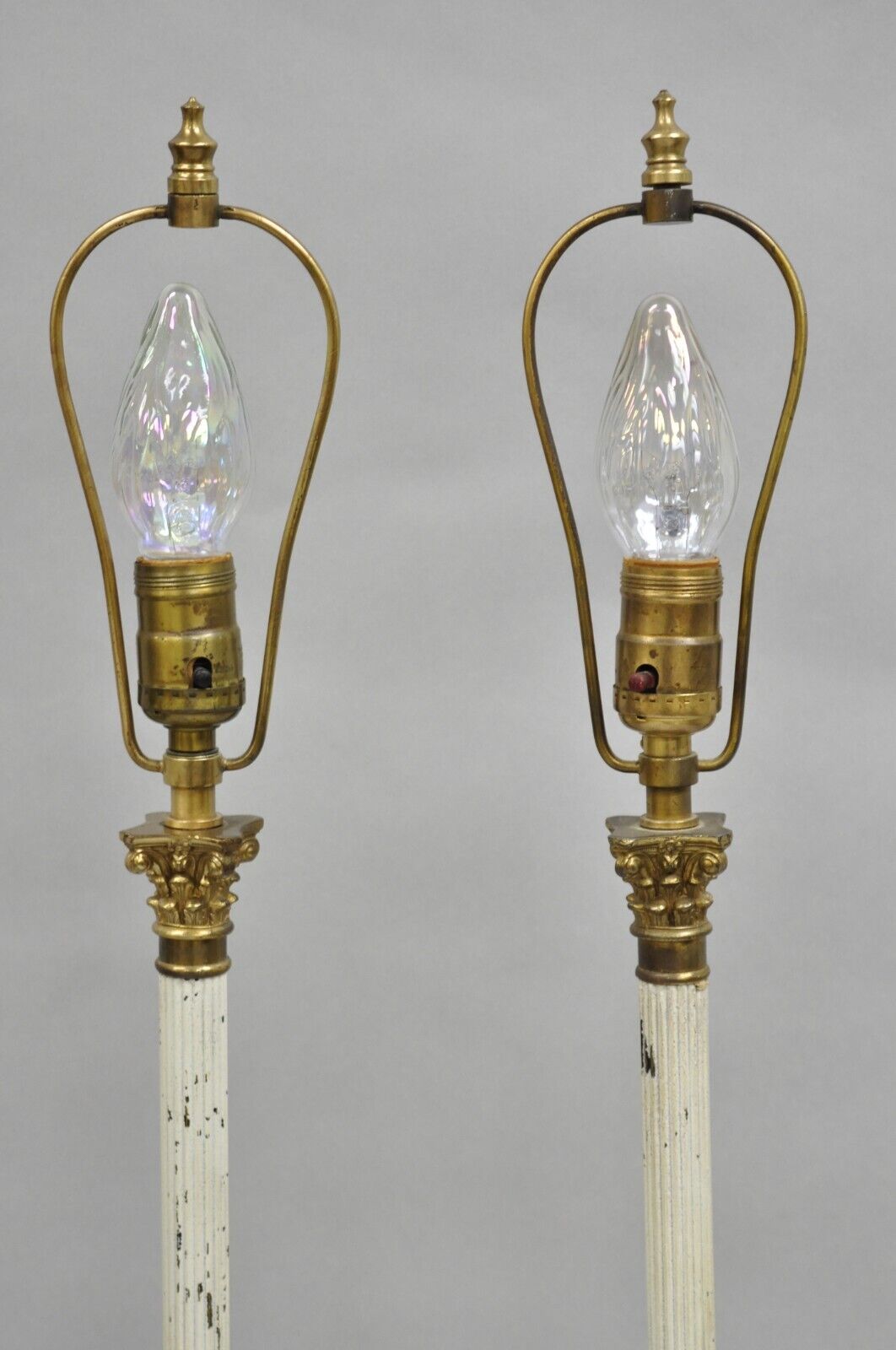 French Empire Neoclassical Small Thin Brass Candlestick Column Table Lamp a Pair