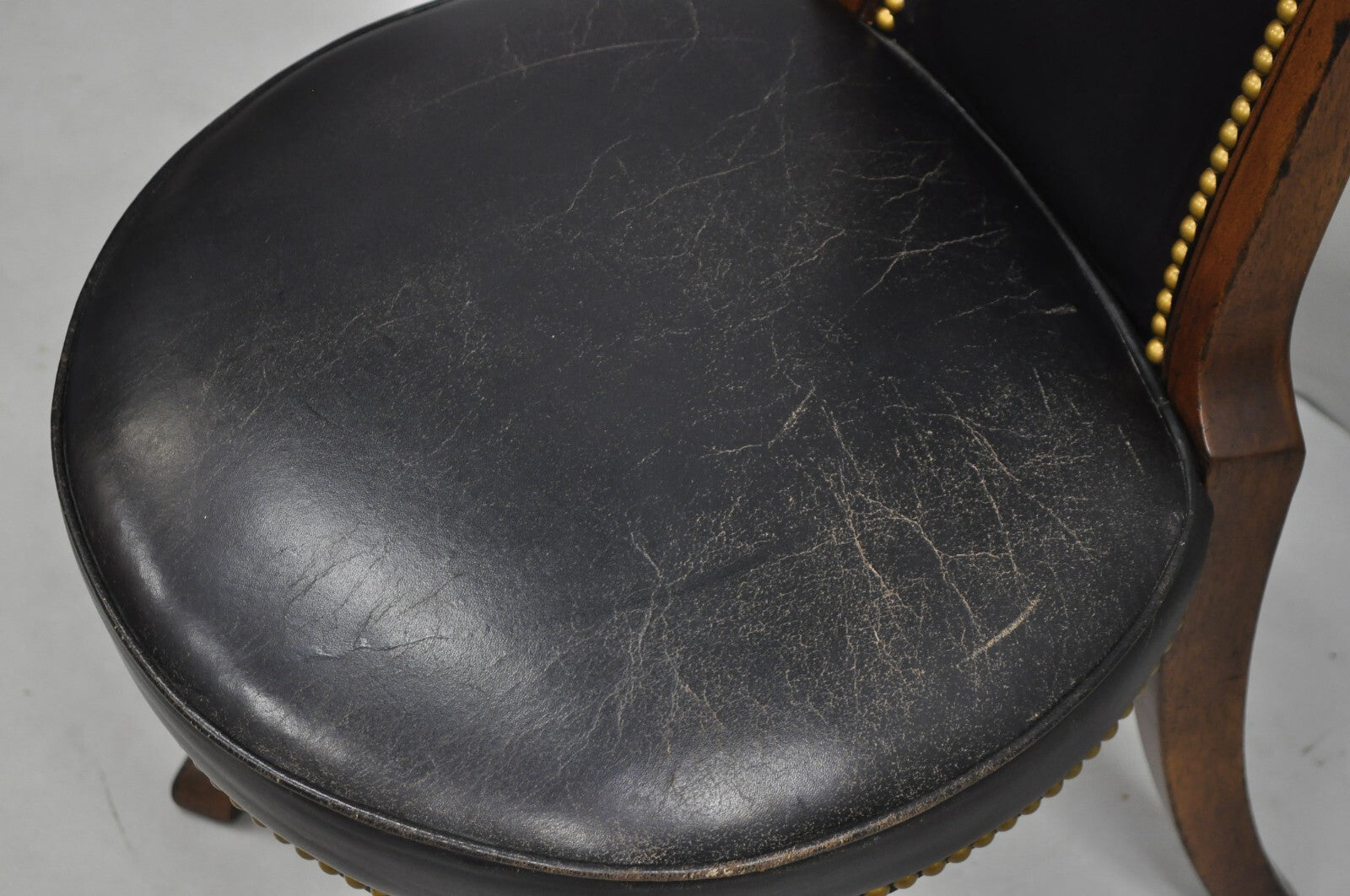 Vintage French Regency Style Carved Mahogany Black Leather Saber Leg Side Chair
