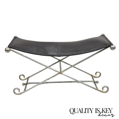 Modern Regency Style Folding Iron Metal Bench w/ Black Saddle Leather Seat