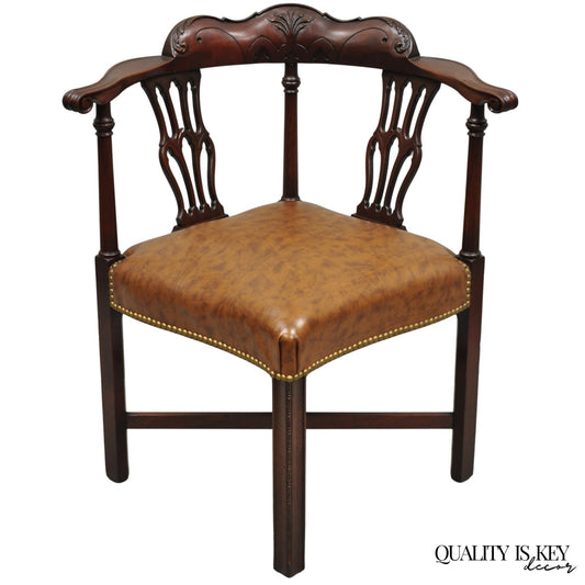 Vintage Georgian Chippendale Style Carved Mahogany Faux Leather Corner Chair