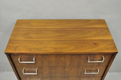 Vintage Mid Century Modern Walnut Veneer 4 Drawer Chrome Pull Tall Chest Dresser