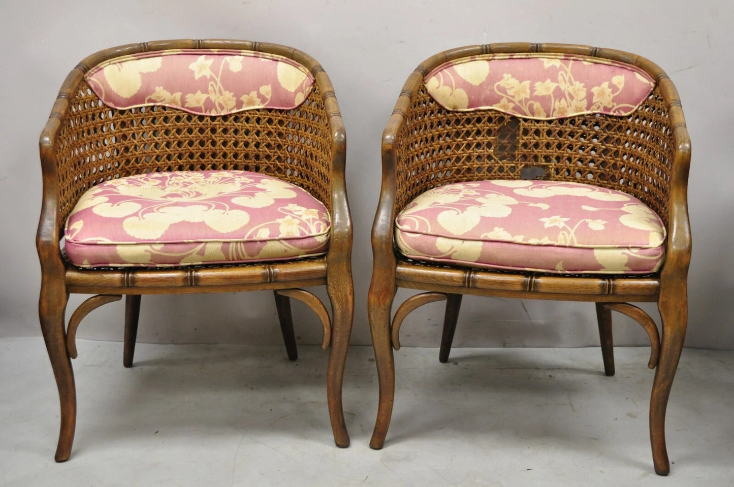 Vintage Hollywood Regency Faux Bamboo Cane Barrel Back Lounge Chairs (A) - Pair