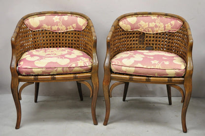 Vintage Hollywood Regency Faux Bamboo Cane Barrel Back Lounge Chairs (A) - Pair
