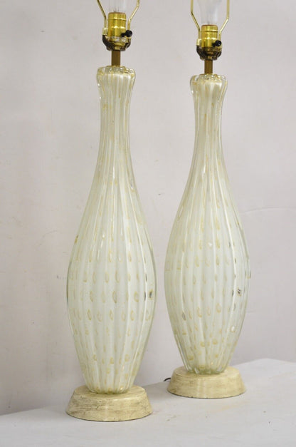 Vintage Murano Italy Camer Glass Gold Flecks White Sinuous Table Lamps - a Pair