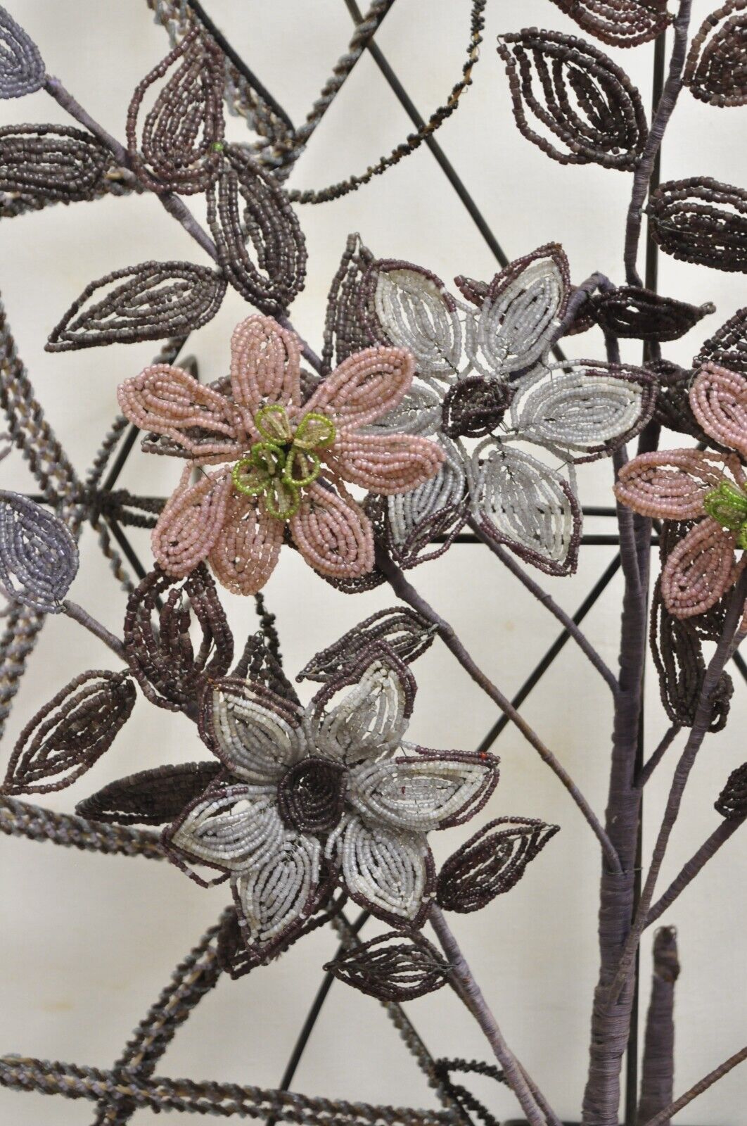 Antique French Victorian Purple Glass Beaded Memorial Wreath Wall Sculpture