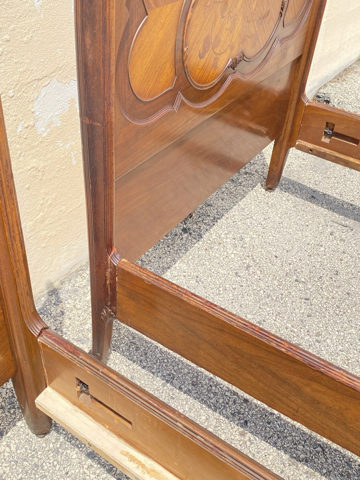 Antique French Louis XV Style Walnut Satinwood Inlay Twin Bed Frames - a Pair