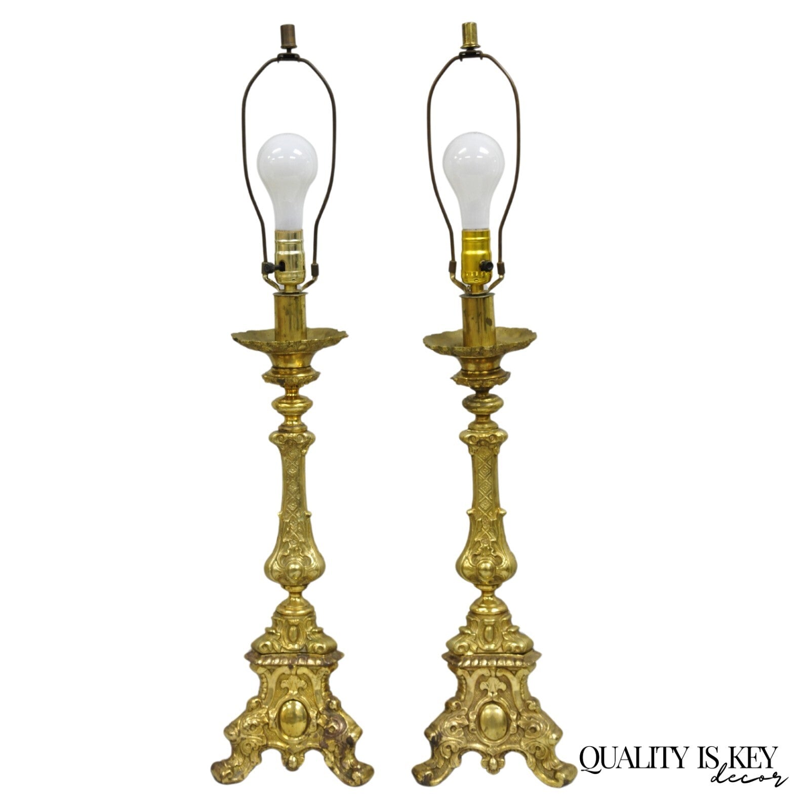 Vintage French Empire Baroque Ornate Brass Candlestick Table Lamps - a Pair