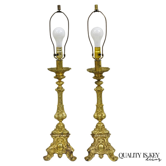 Vintage French Empire Baroque Ornate Brass Candlestick Table Lamps - a Pair