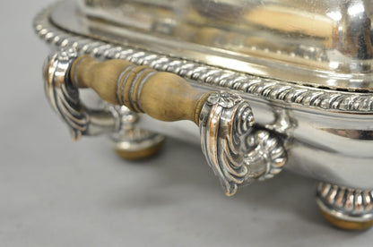 Antique English Georgian Silver Plated Covered Chafing Dish on Wooden Bun Feet