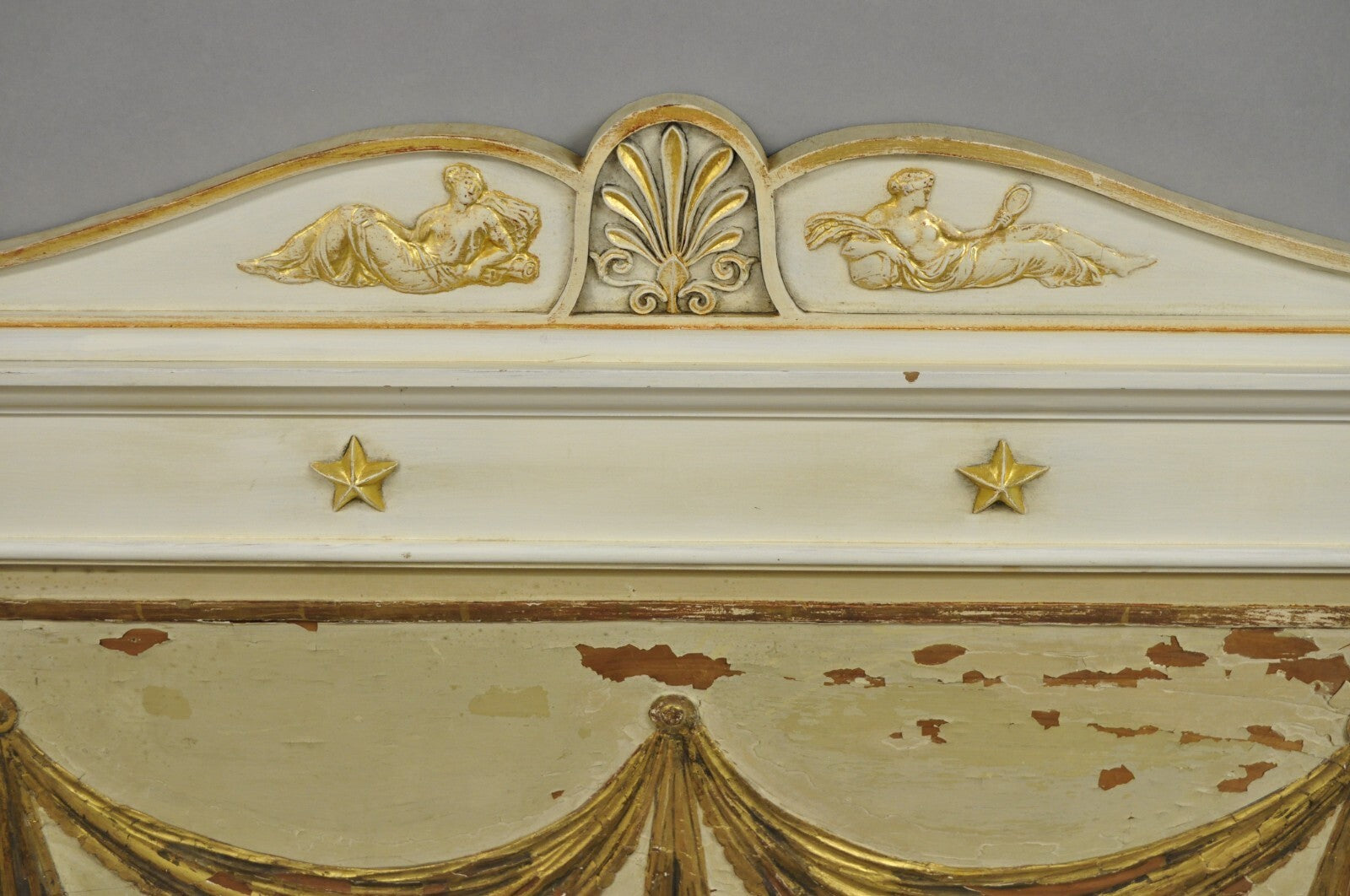 Antique Italian Neoclassical White Distress Painted Gold Gilt 72" Trumeau Mirror