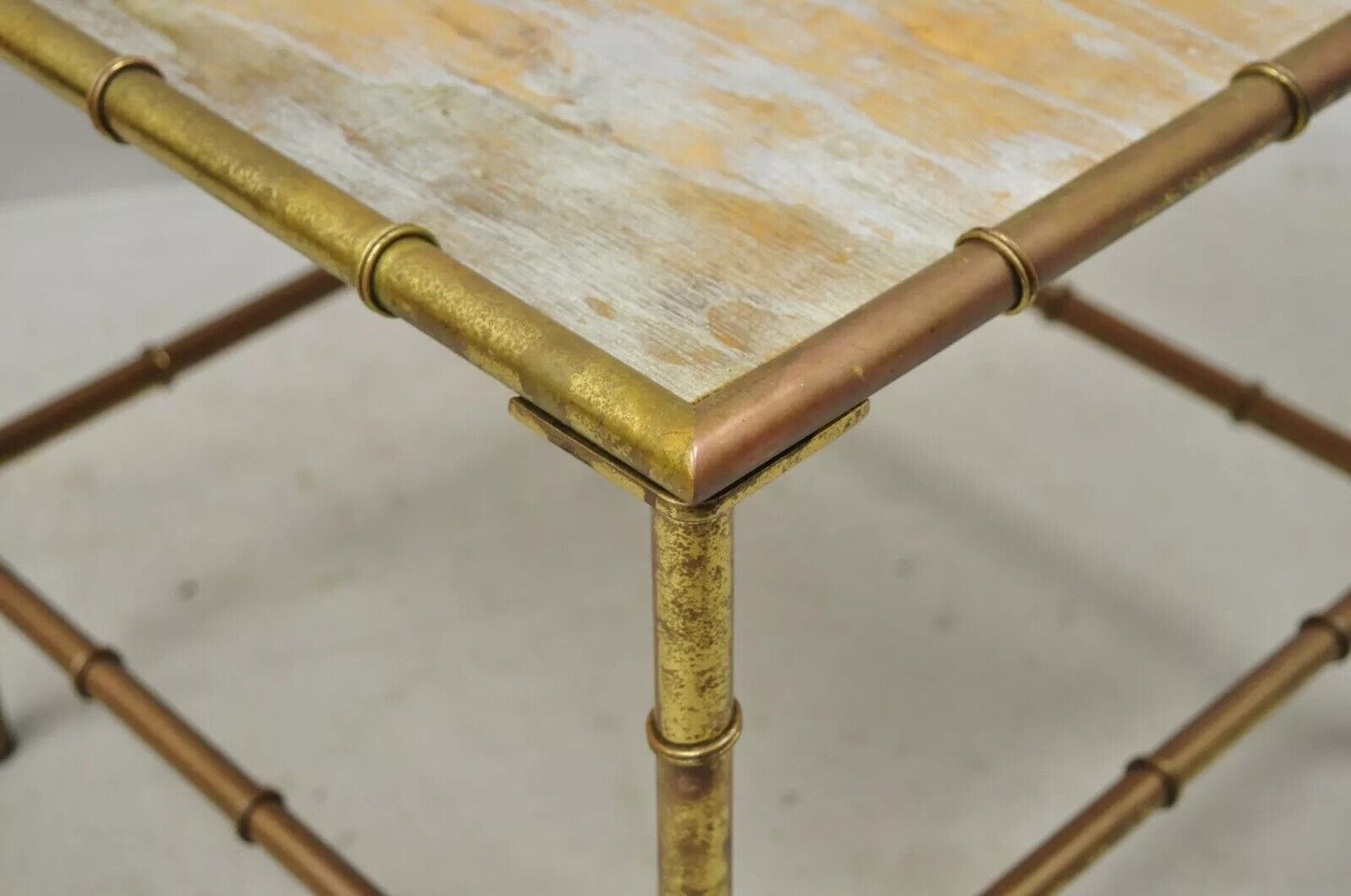 Italian Hollywood Regency Faux Bamboo Brass Tole Metal Low Square Side Table