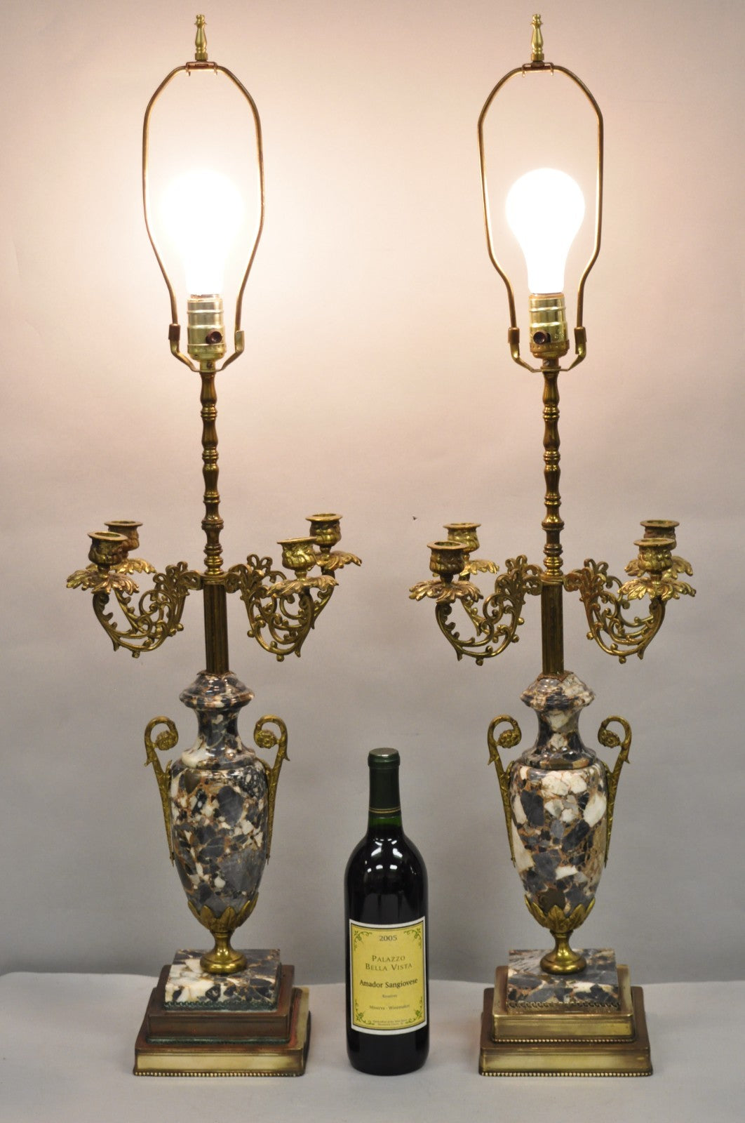 Antique French Empire Neoclassical Marble Urn Brass Candelabra Table Lamp Pair