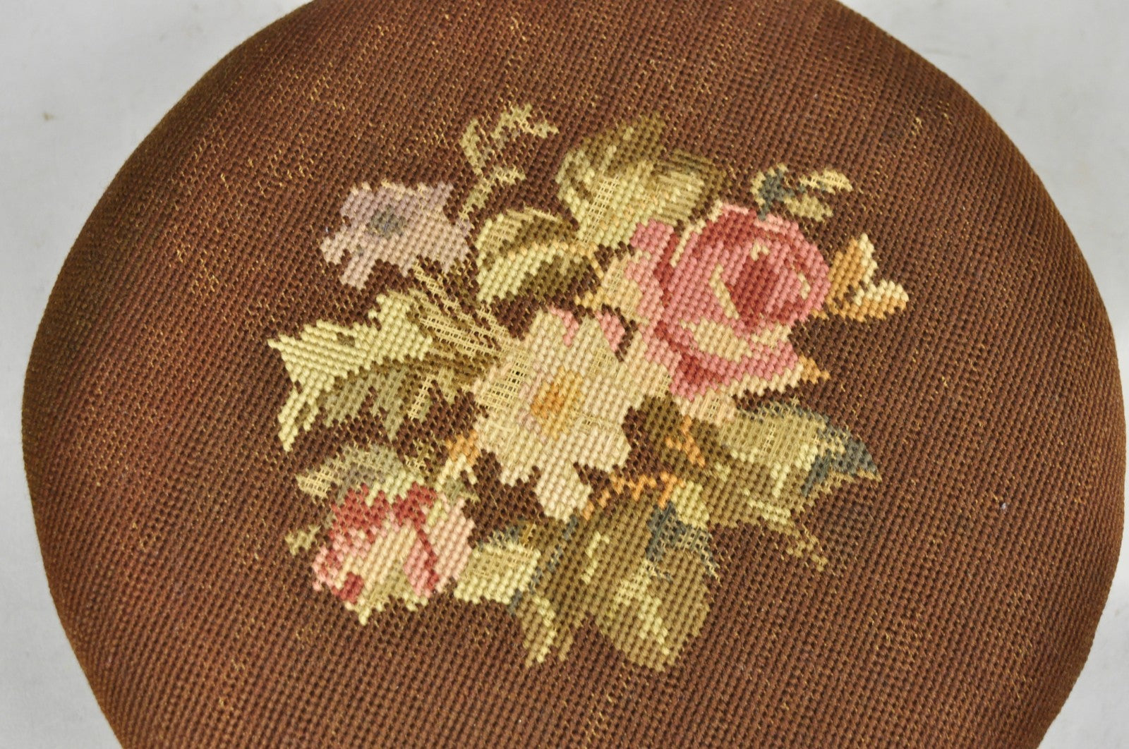 Antique Victorian Round Needlepoint Small Footstool Ottoman w/ 5 Walnut Bun Feet