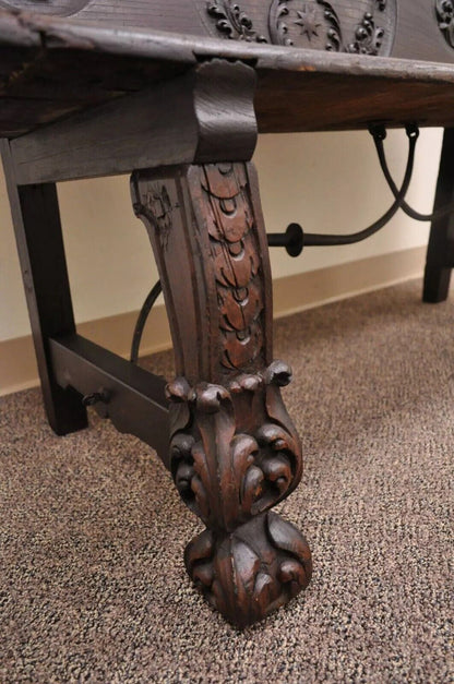 Antique 17th C. English Renaissance Carved Oak and Wrought Iron Bench Banquette
