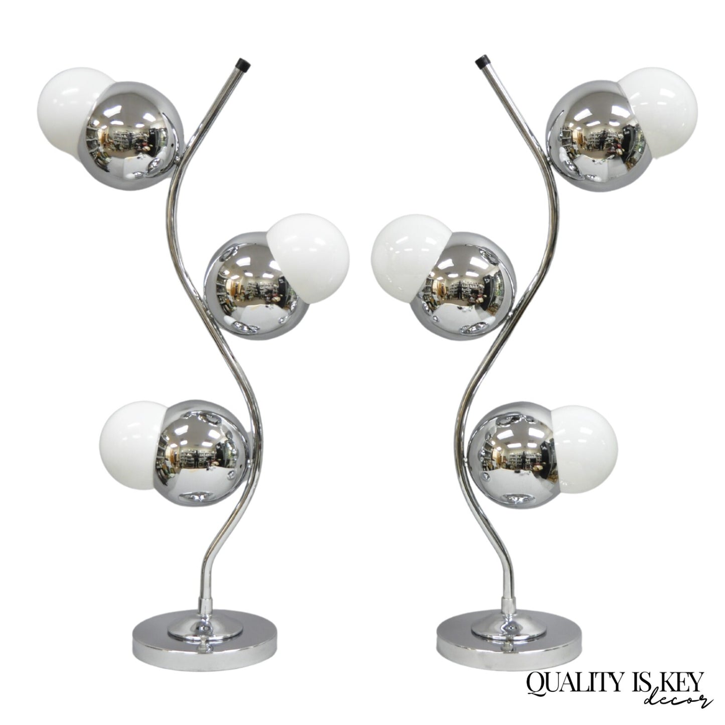 Vintage Mid Century Modern Sculptural Chrome Orb 3 Light Table Lamp -  a Pair