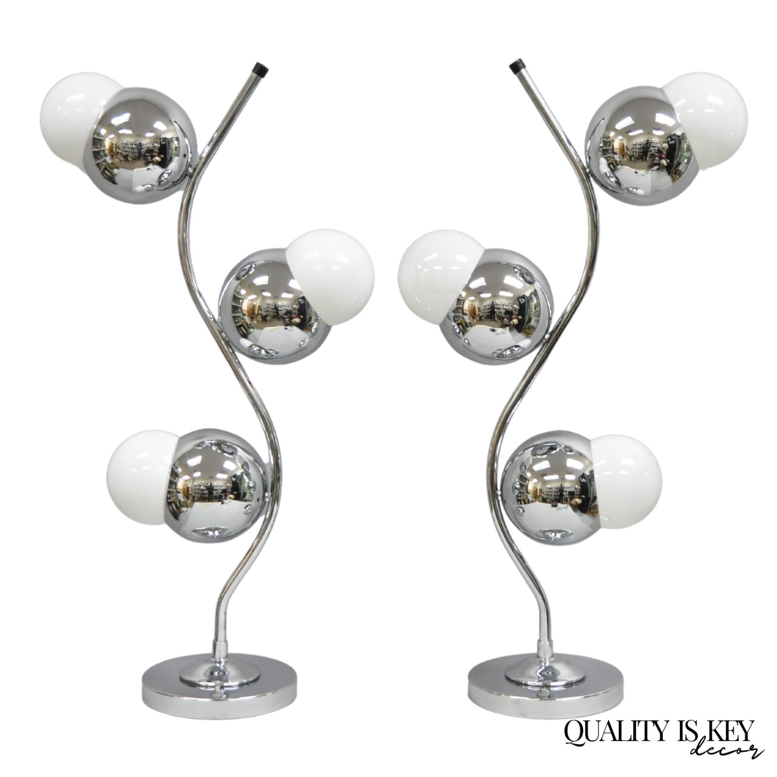 Vintage Mid Century Modern Sculptural Chrome Orb 3 Light Table Lamp -  a Pair