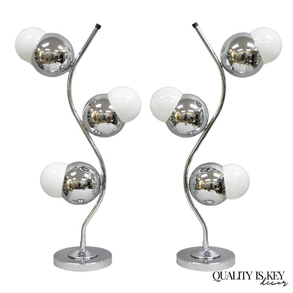 Vintage Mid Century Modern Sculptural Chrome Orb 3 Light Table Lamp -  a Pair