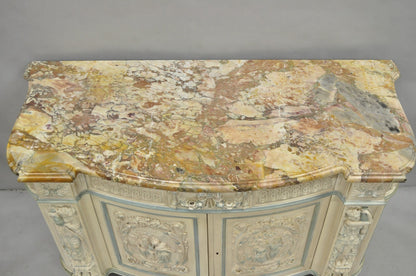 French Renaissance White Blue Painted Figural Carved Marble Top Buffet Commode