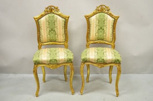 Vintage French Louis XV Style Gold Giltwood Carved Boudoir Side Chairs - a Pair