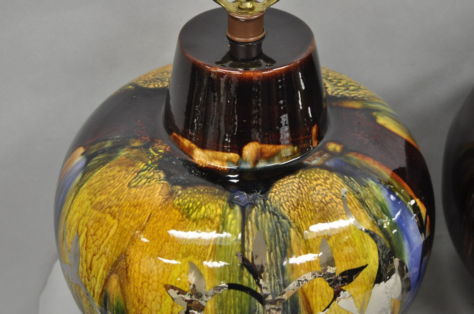 Mid Century Modern Ram Brown Drip Glaze Pottery Table Lamps by Sunset Cosco Pair