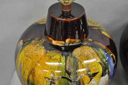Mid Century Modern Ram Brown Drip Glaze Pottery Table Lamps by Sunset Cosco Pair