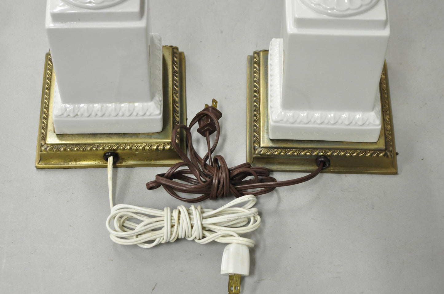 Vintage Italian Neoclassical White Porcelain Urn Table Lamps w/ Cherubs - a Pair