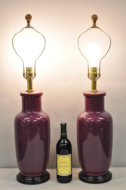 Vintage Chinoiserie Plum Purple Ceramic Porcelain Jardiniere Table Lamps - Pair