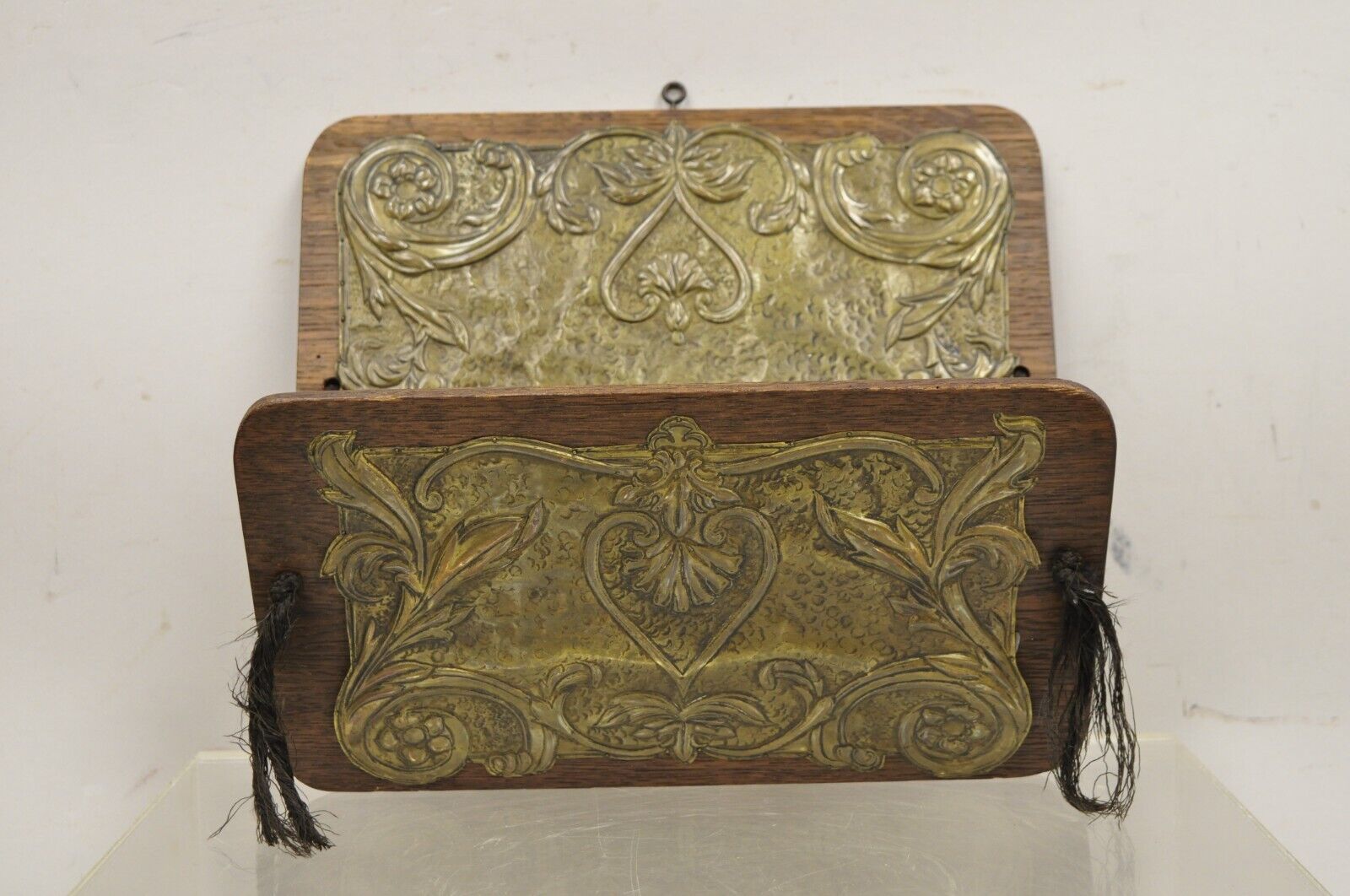 Antique Arts & Crafts Oak & Brass Embossed Folding Wall Hanging Letter Holder